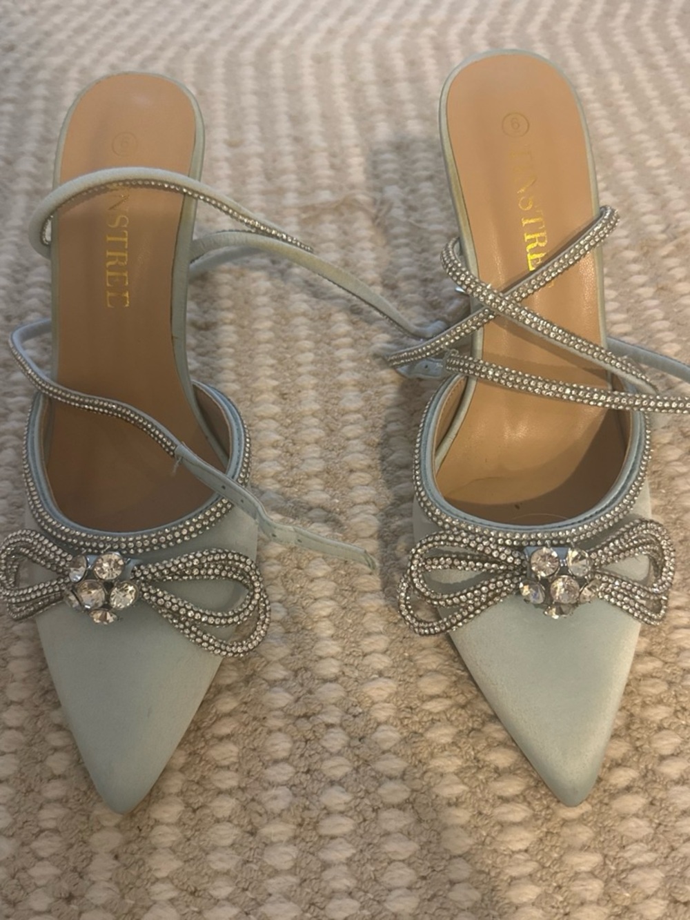 Nina Powder Blue Satin Pointed-Toe Crystal Bow Mules